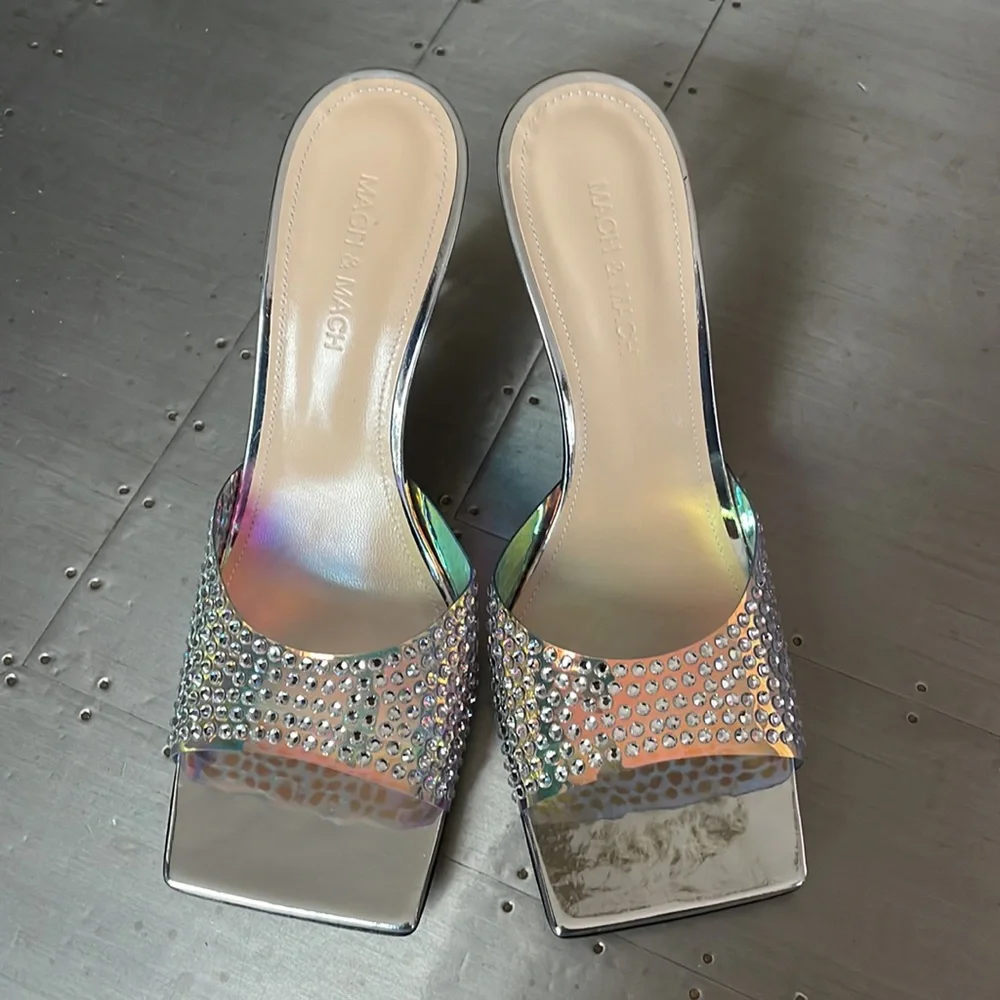 Mach & Mach crystal embellished iridescent silver mules sandals pumps sz 39